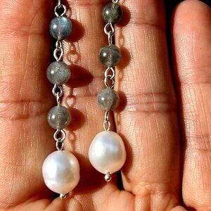Sundance $98 NEW 2.5" LABRADORITE PEARL Sterling Silver Handmade Dangle Earrings